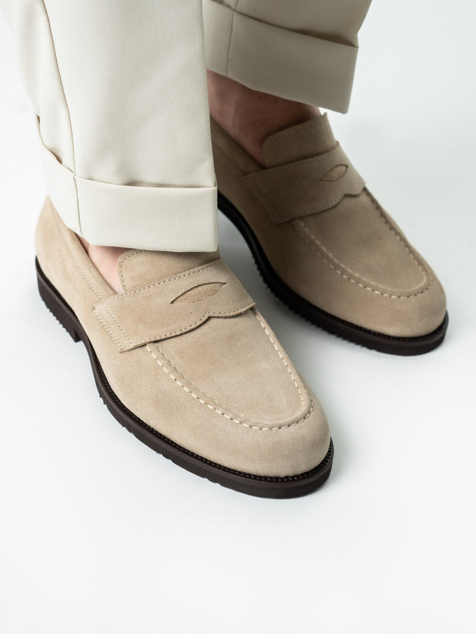 Mocasini Crem Barbati Penny Loafers Din Piele Intoarsa BMan220 (4)