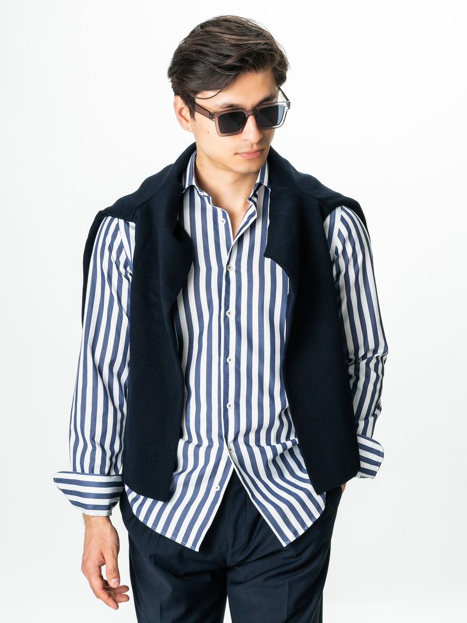 Camasa Barbati Business Albastru Marine În Dungi Bumbac Poplin BMan0016 (5)