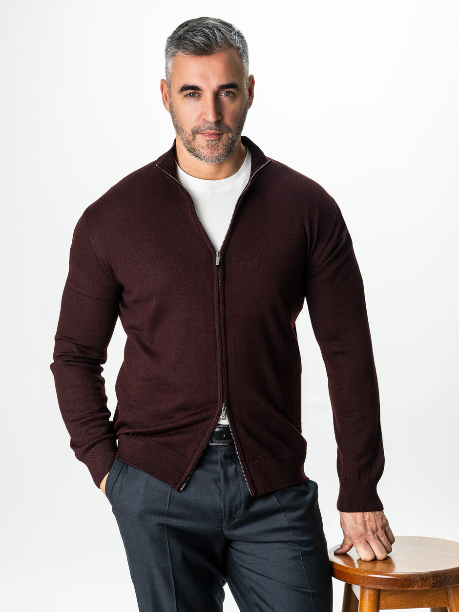 Pulover Cu Fermoar Lung Barbati Bordo Visiniu Lana Merinos Falco BMan0005 (1)