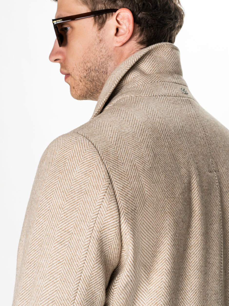 Palton Lung Barbati Crem Herringbone din Lana BMan0009 (6)