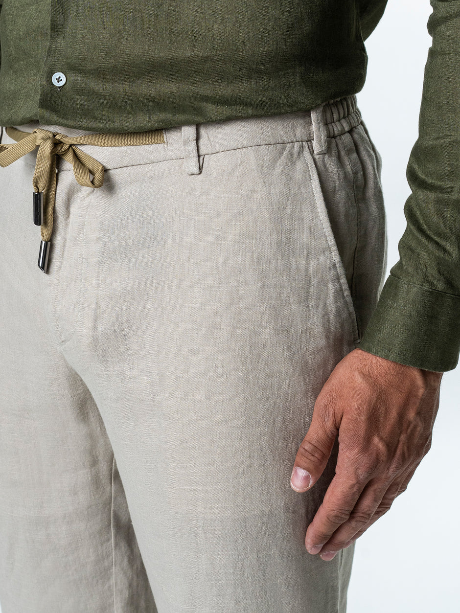 Pantaloni Casual Cu Snur Barbati Din In Natural 100% Bej De Vara BMan714 (6)