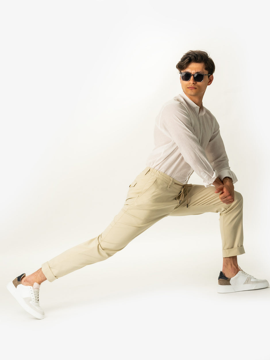 Pantaloni Flexo Cu Snur Barbati Crem Unt De Vara Bumbac Santanderia BMan710 (3)
