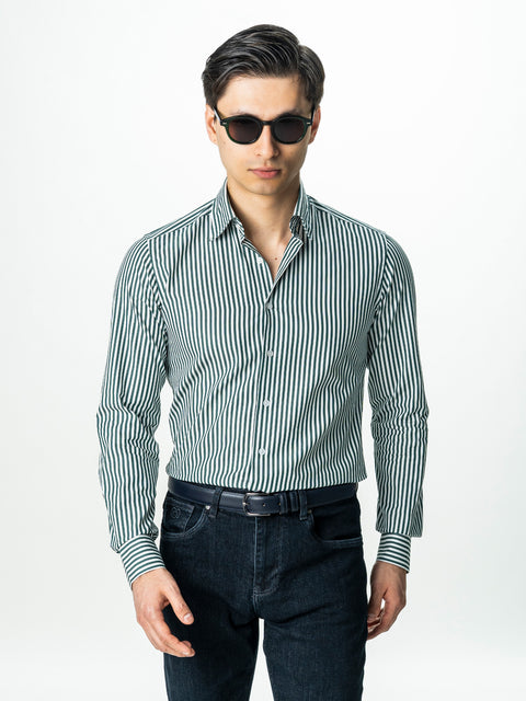 Camasa Barbati Alba cu Dungi Verzi Smart Casual BMan0002