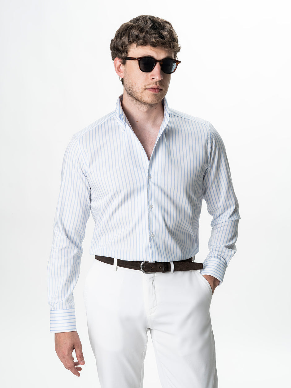 Camasa Barbati Alba Dungi Bleu Non-Iron Guler One Piece BMan0207 (1)