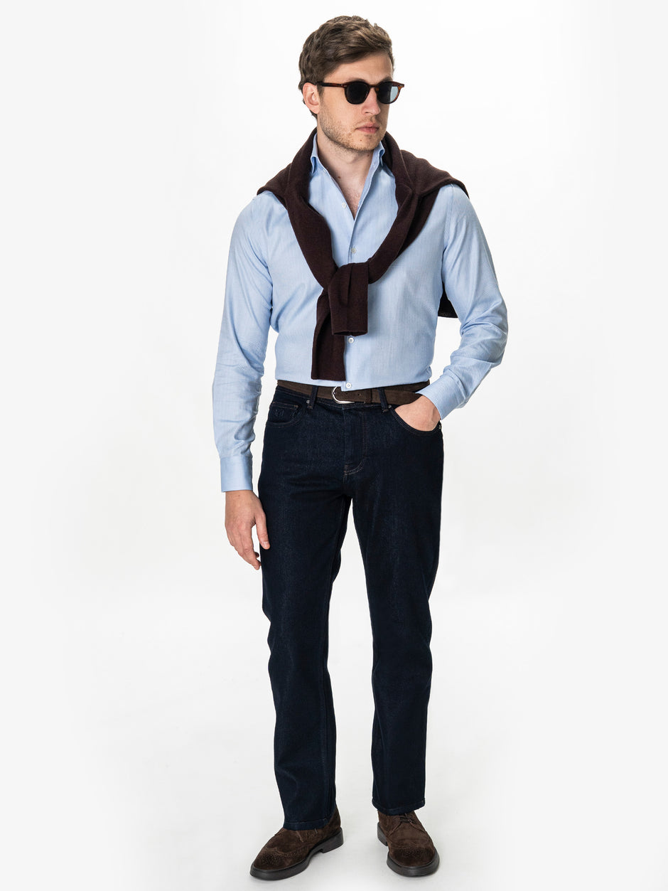 Camasa Barbati Bleu Deschis Herringbone Guler One Piece Spread BMan0405 (2)