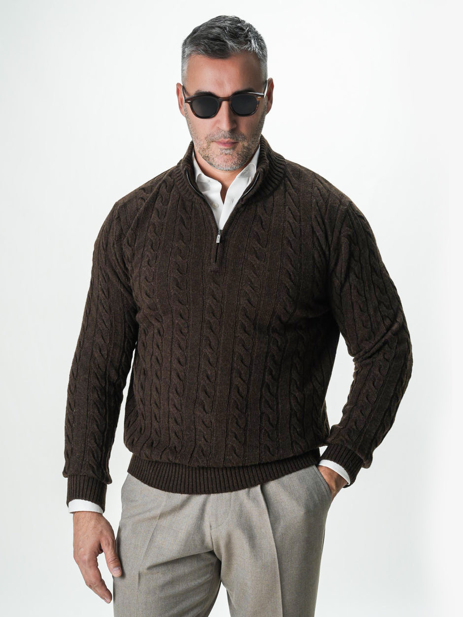 Pulover Barbati Torsade Cafeniu Cu Fermoar 100% Lana Lambswool BMan0034 (2)