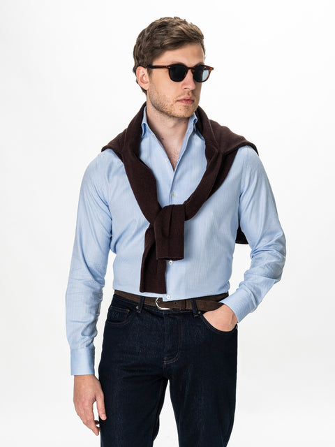 Camasa Barbati Bleu Deschis Herringbone Guler One Piece Spread BMan0405