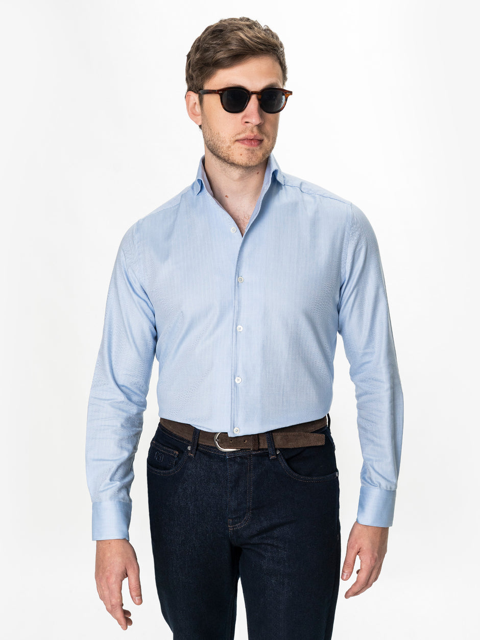 Camasa Barbati Bleu Deschis Herringbone Guler One Piece Spread BMan0405 (6)