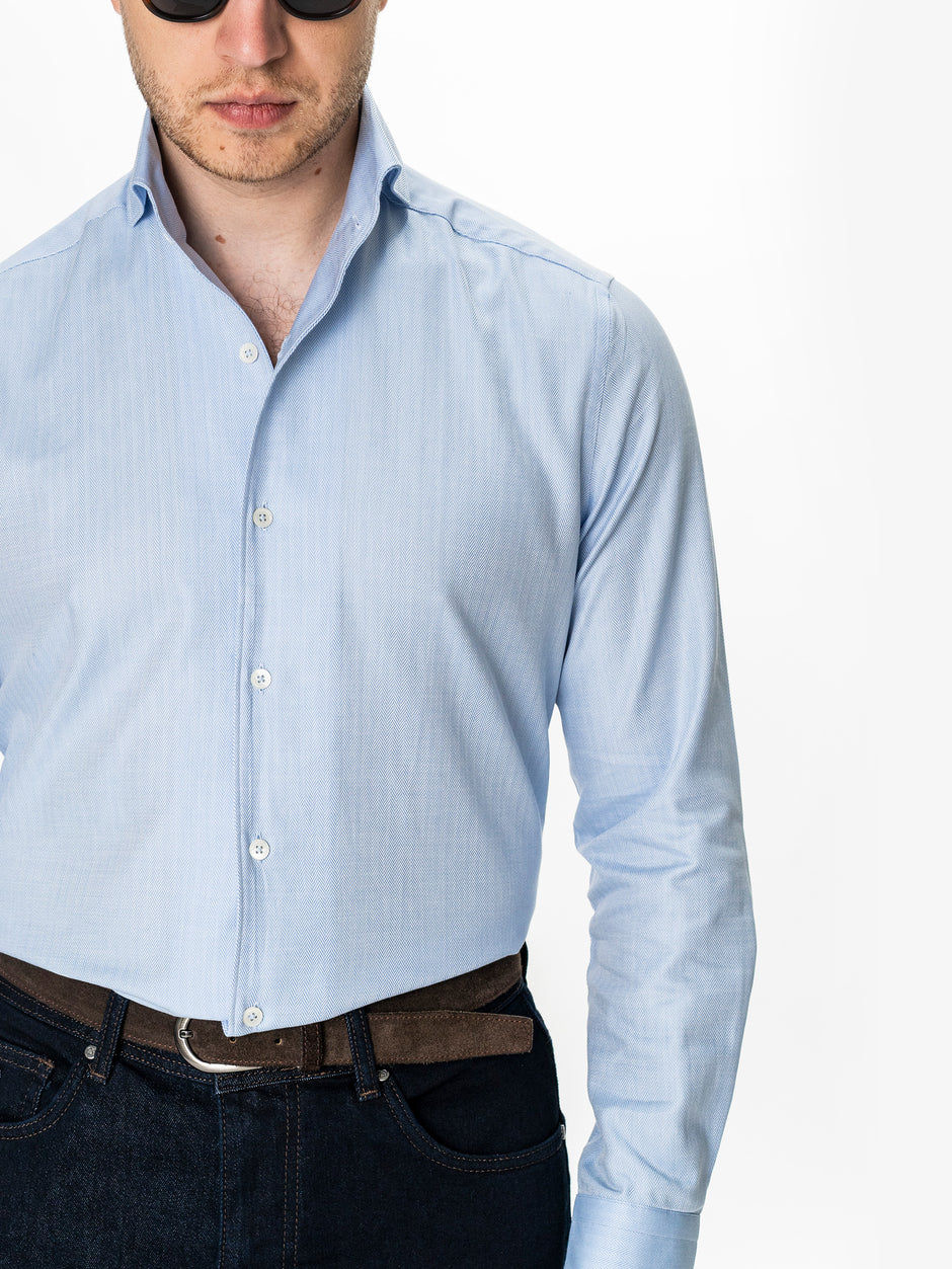Camasa Barbati Bleu Deschis Herringbone Guler One Piece Spread BMan0405 (7)