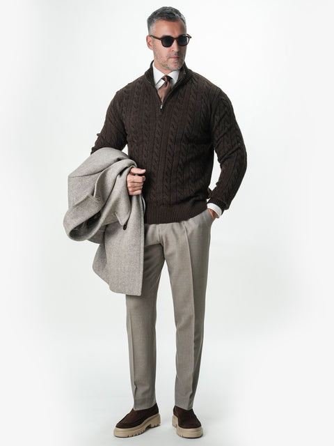 Pulover Barbati Torsade Cafeniu Cu Fermoar 100% Lana Lambswool BMan0034