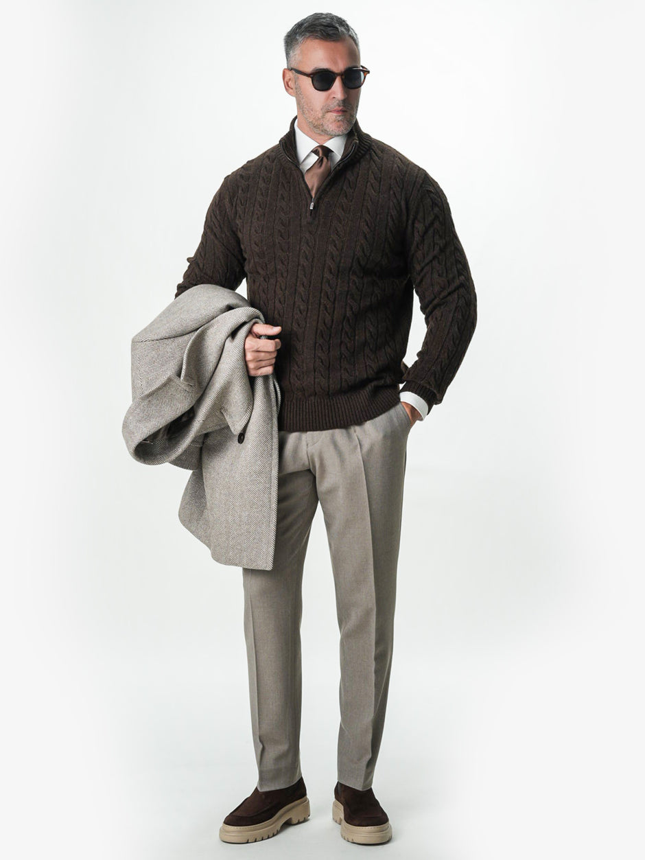 Pulover Barbati Torsade Cafeniu Cu Fermoar 100% Lana Lambswool BMan0034 (1)