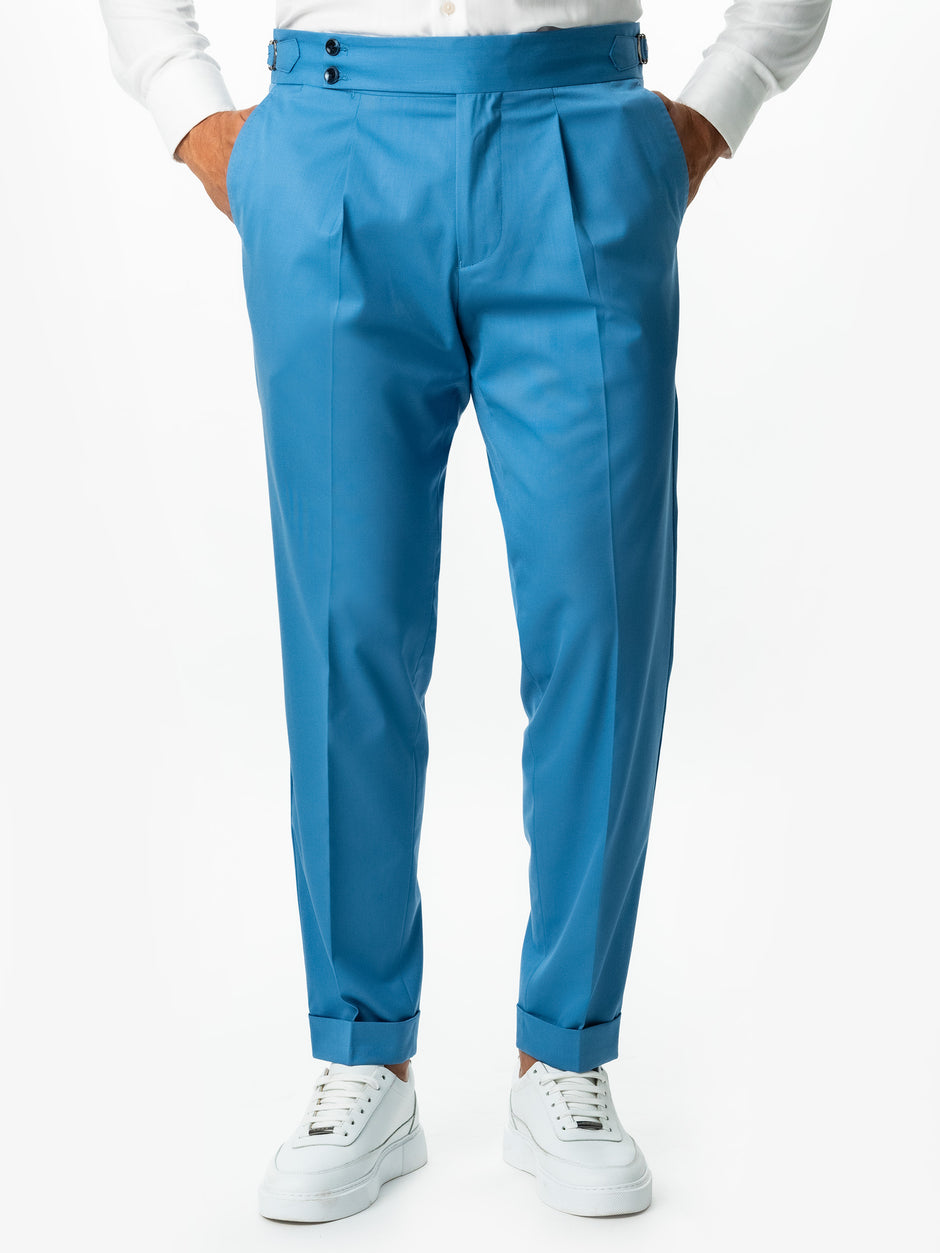 Pantaloni Barbati Albastru Cer Cu Pense Design Gurkha Amestec Lana BMan610 (1)