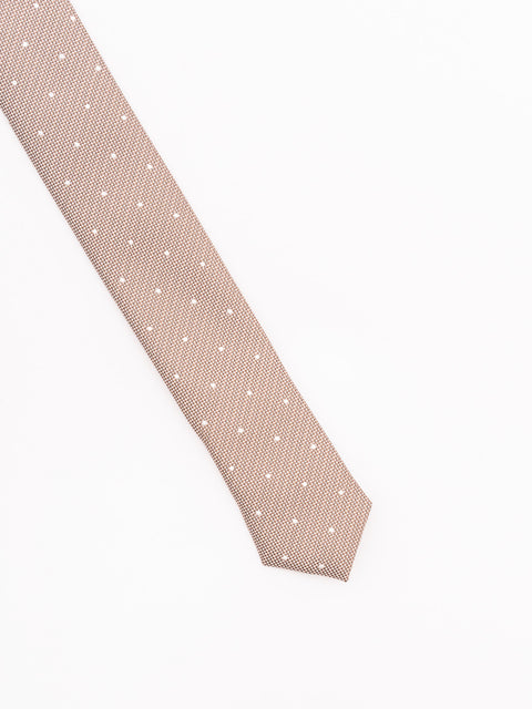 Cravata Barbati Eleganta Crem cu Buline Fine Albe BMan916 (5)