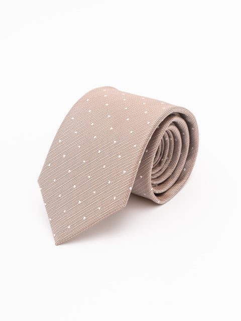 Cravata Barbati Eleganta Crem cu Buline Fine Albe BMan916 (1)
