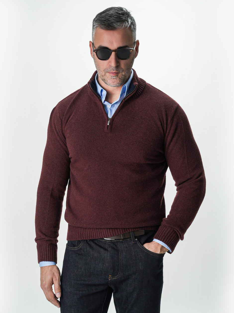 Pulover Bordo Barbati 100% Lana Lambswool Cu Fermoar BMan0027 (4)