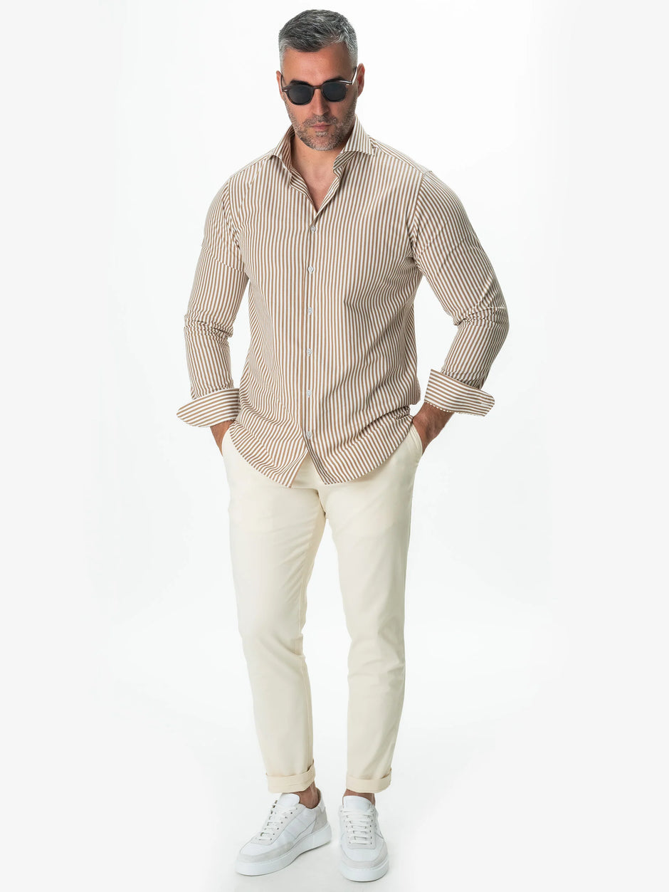 Camasa Barbati Alba cu Dungi Bej Smart Casual BMan0002 (2)