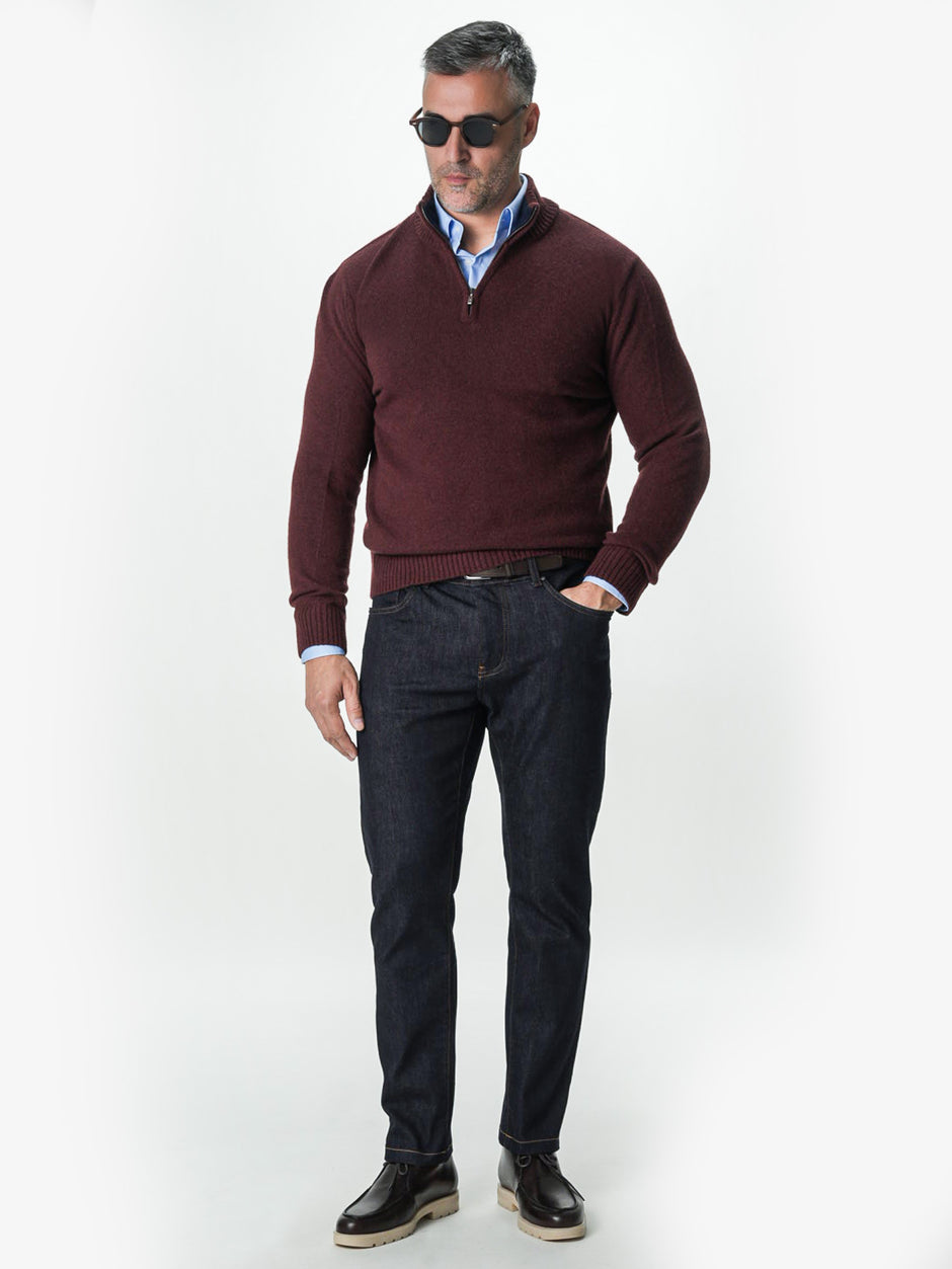 Pulover Bordo Barbati 100% Lana Lambswool Cu Fermoar BMan0027 (5)