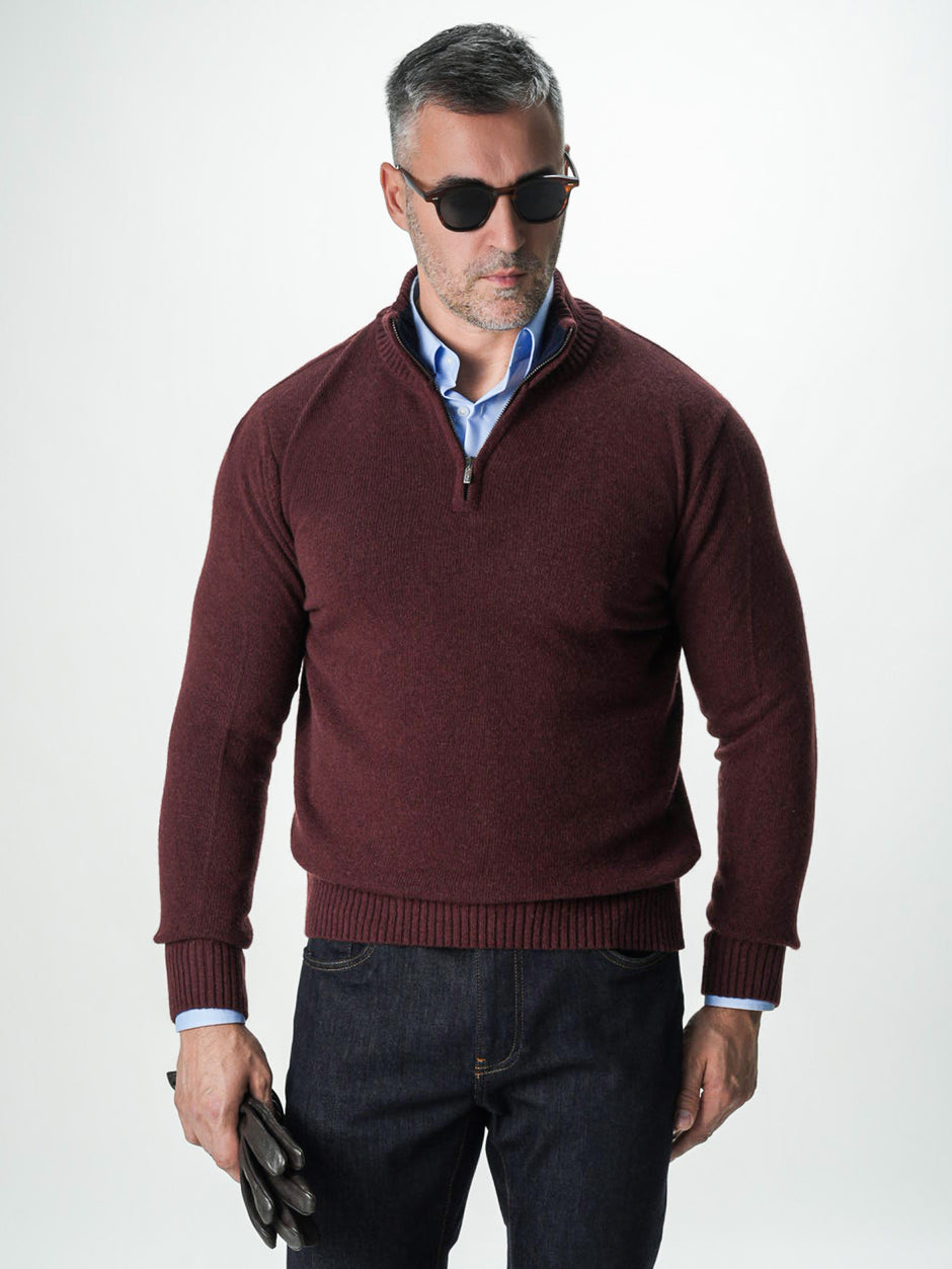 Pulover Bordo Barbati 100% Lana Lambswool Cu Fermoar BMan0027 (6)