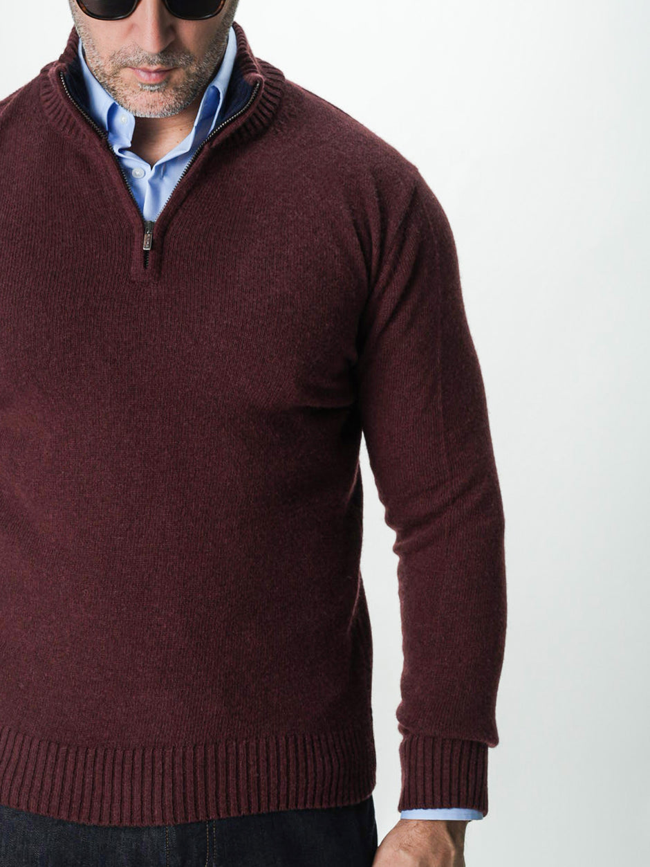 Pulover Bordo Barbati 100% Lana Lambswool Cu Fermoar BMan0027 (7)