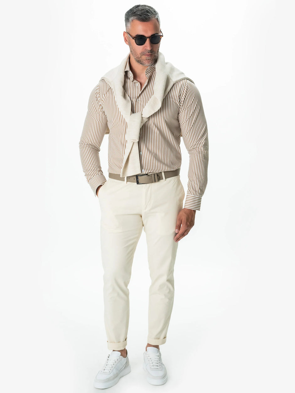 Camasa Barbati Alba cu Dungi Bej Smart Casual BMan0002 (4)
