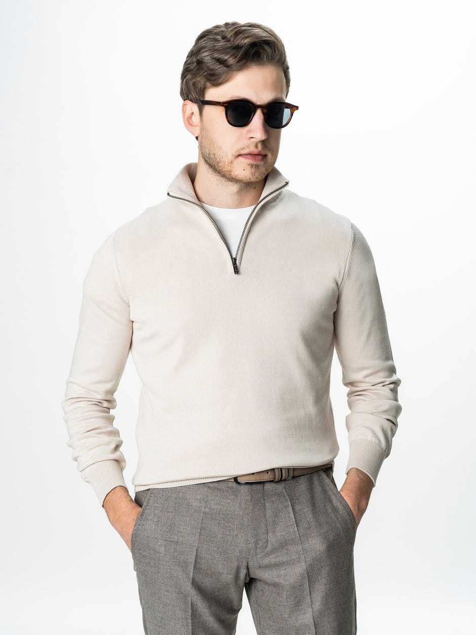 Pulover Barbati Crem Cu Fermoar Office Din Bumbac Levent BMan0001 (1)