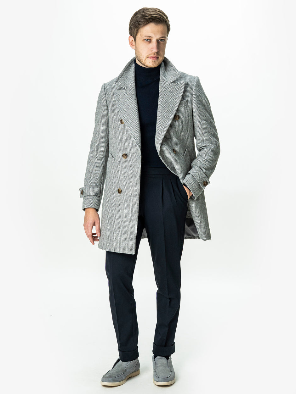 Palton Barbati La Doua Randuri Herringbone Din Lana Gri Deschis BMan0007 (4)