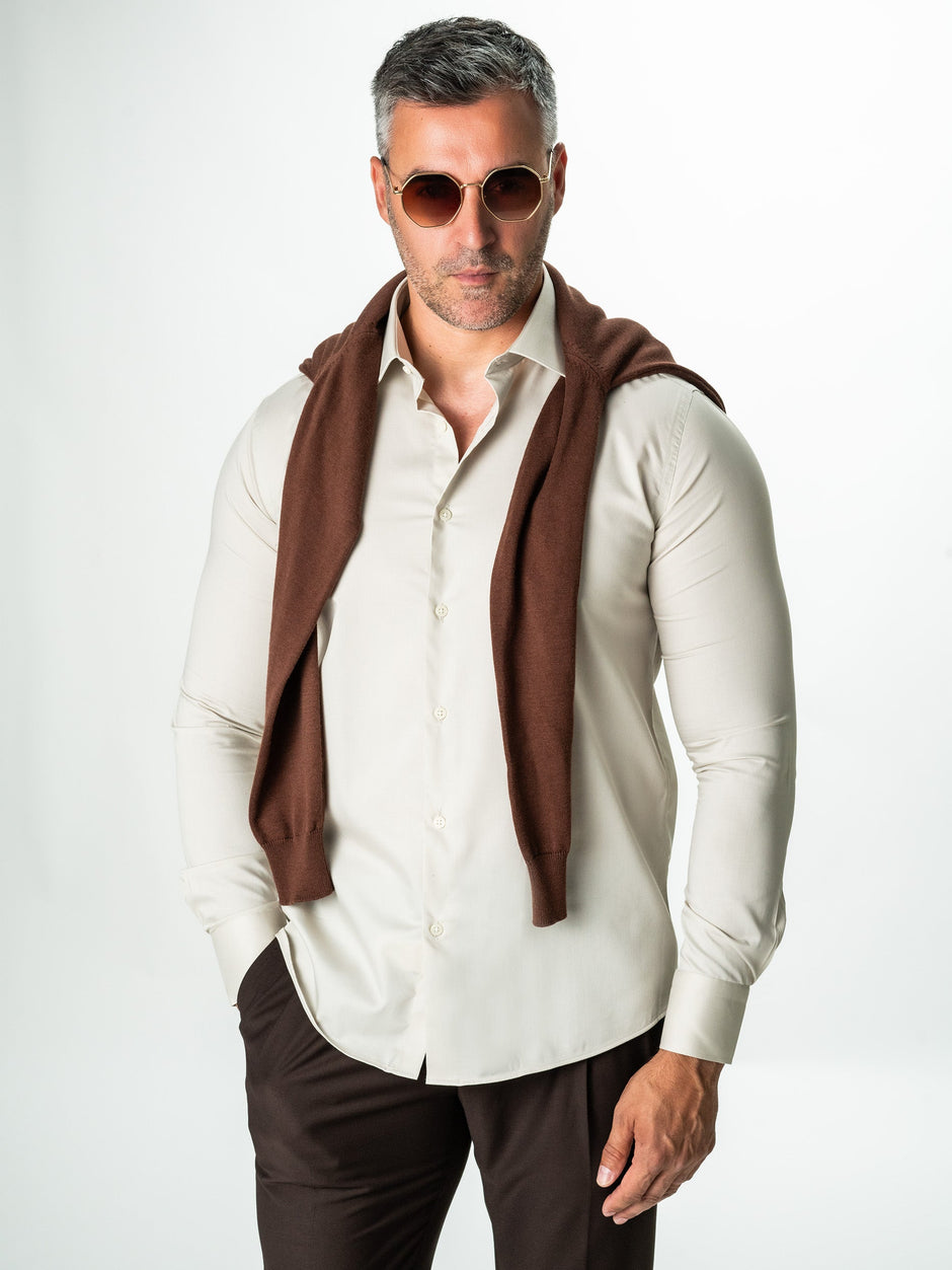 Camasa Barbati Eleganta Crem 100% Bumbac Usor De Calcat All Season Bman0030 (12)