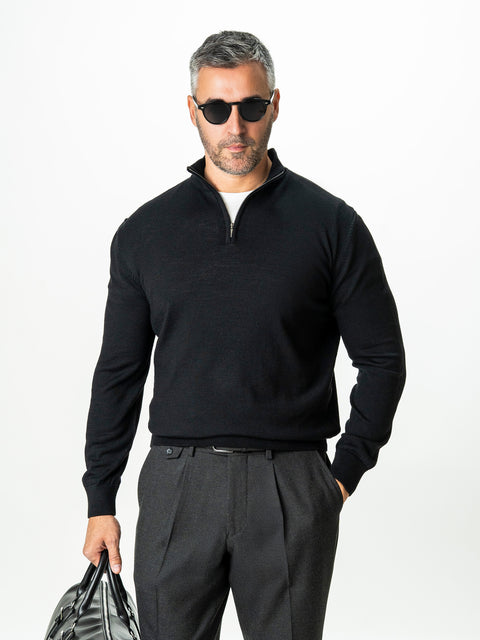 Pulover Cu Fermoar Negru Barbati Office Lana Merino Falco BMan0003