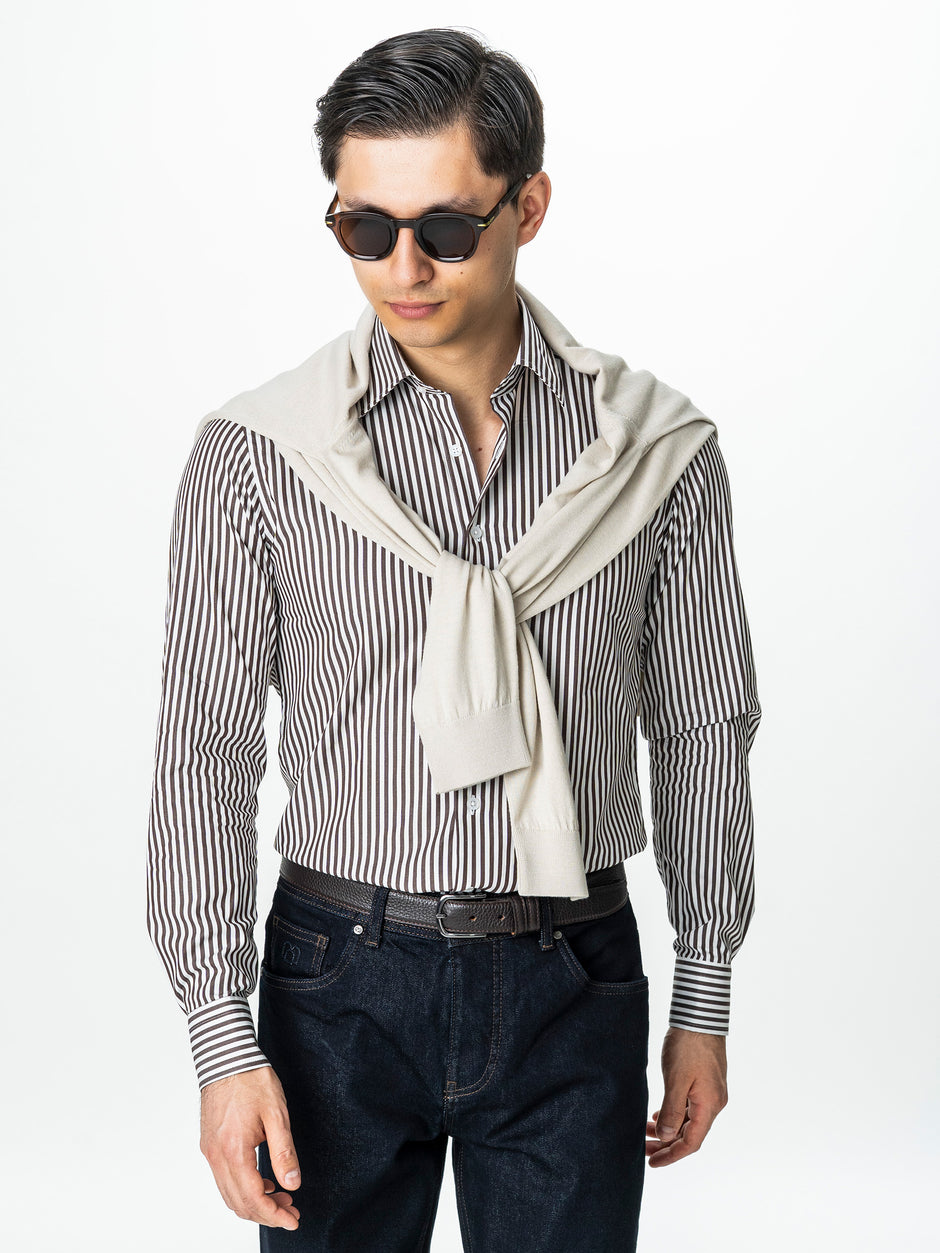 Camasa Barbati Alba cu Dungi Cafenii Smart Casual BMan0002 (4)