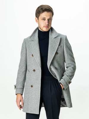 Palton Barbati La Doua Randuri Herringbone Din Lana Gri Deschis BMan0007