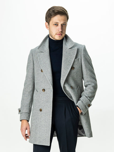 Palton Barbati La Doua Randuri Herringbone Din Lana Gri Deschis BMan0007