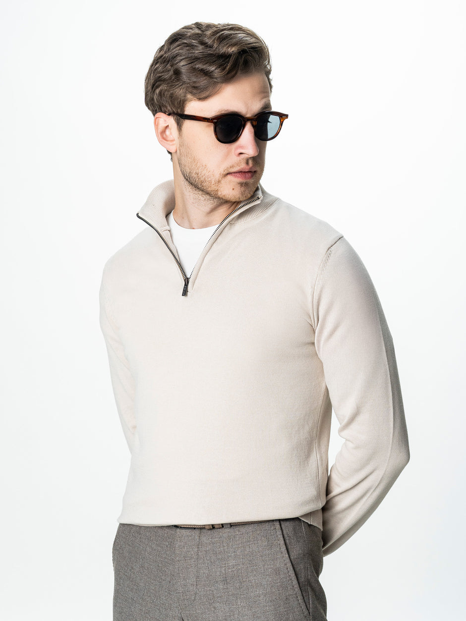 Pulover Barbati Crem Cu Fermoar Office Din Bumbac Levent BMan0001 (4)