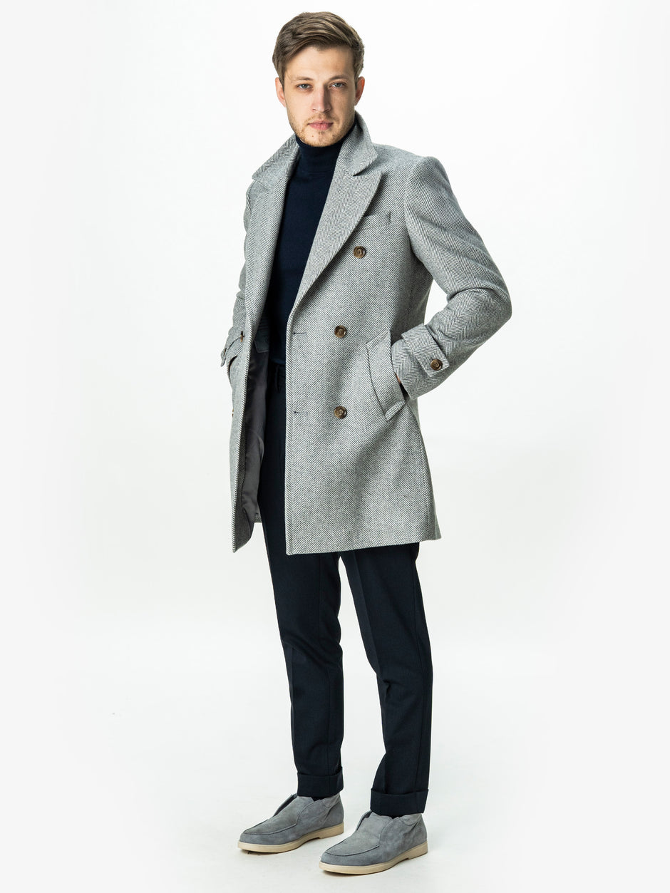 Palton Barbati La Doua Randuri Herringbone Din Lana Gri Deschis BMan0007 (2)