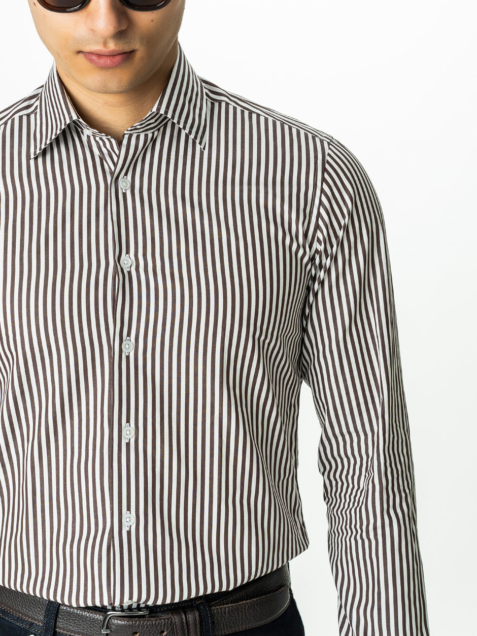 Camasa Barbati Alba cu Dungi Cafenii Smart Casual BMan0002 (5)