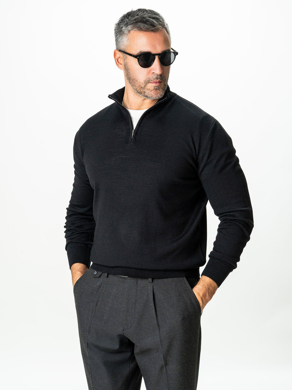 Pulover Cu Fermoar Negru Barbati Office Lana Merino Falco BMan0003 (4)