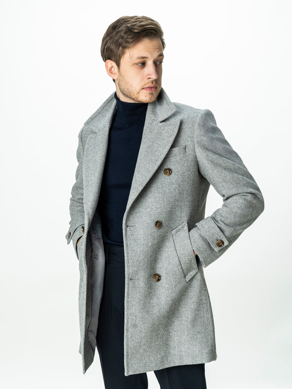 Palton Barbati La Doua Randuri Herringbone Din Lana Gri Deschis BMan0007 (6)