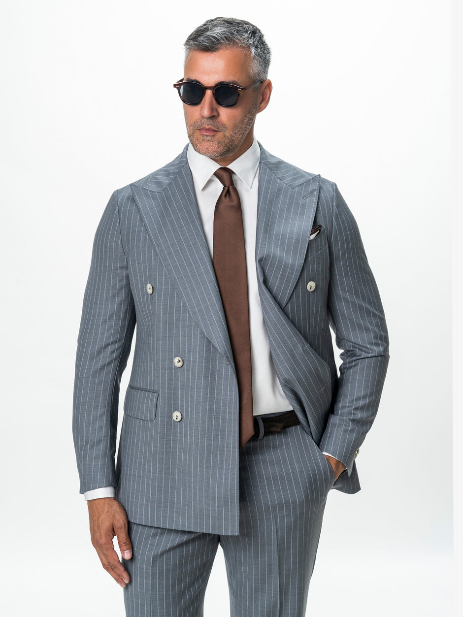 Costum Barbati Gri Cu Dungi Doua Randuri 100% Lana BMan0104 (2)