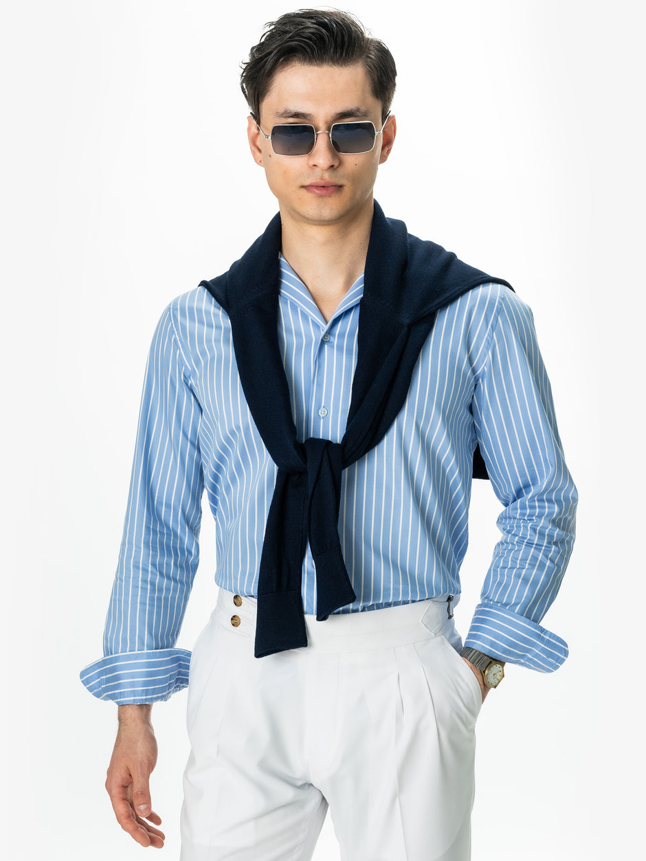 Camasa Barbati Albastru Bleu Dungi 100% Bumbac Italian Monti BMan0019 (1)