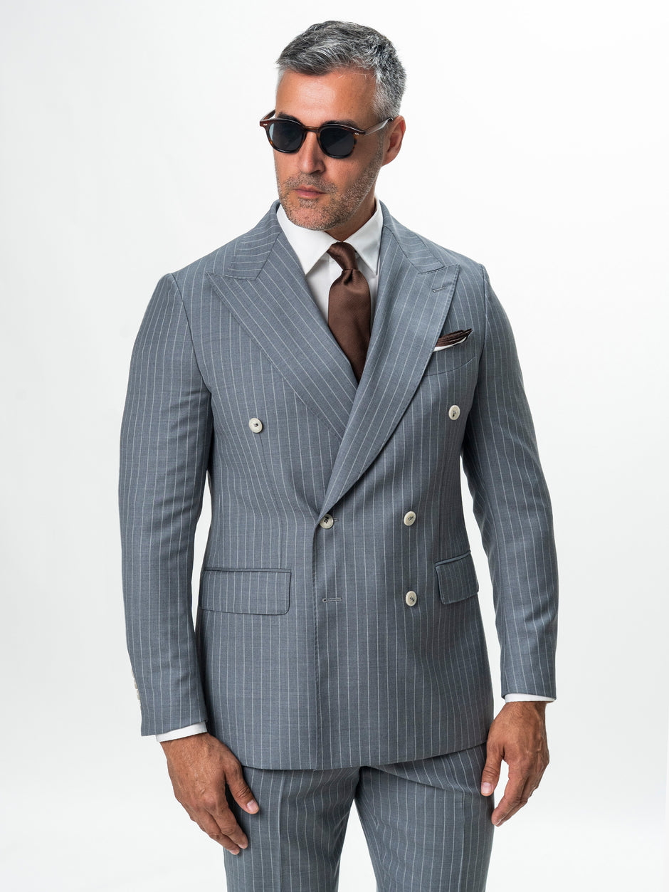 Costum Barbati Gri Cu Dungi Doua Randuri 100% Lana BMan0104 (10)