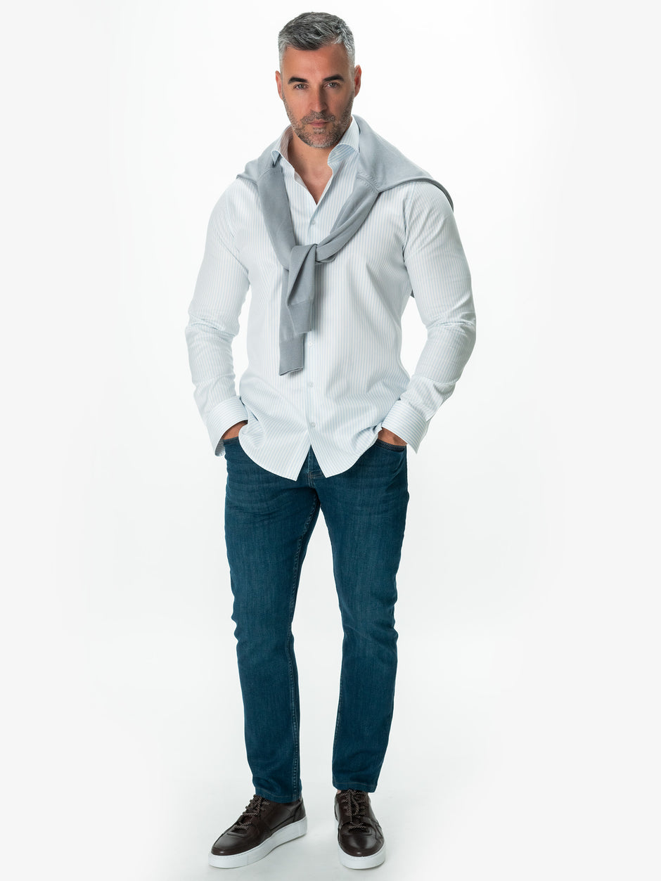 Camasa Bărbați Albastru Bleu Dungi Bumbac Natural Bianco Nero BMan0032 (3)