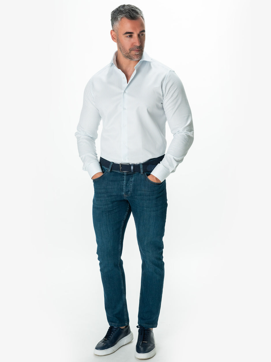 Camasa Bărbați Albastru Bleu Dungi Bumbac Natural Bianco Nero BMan0032 (7)