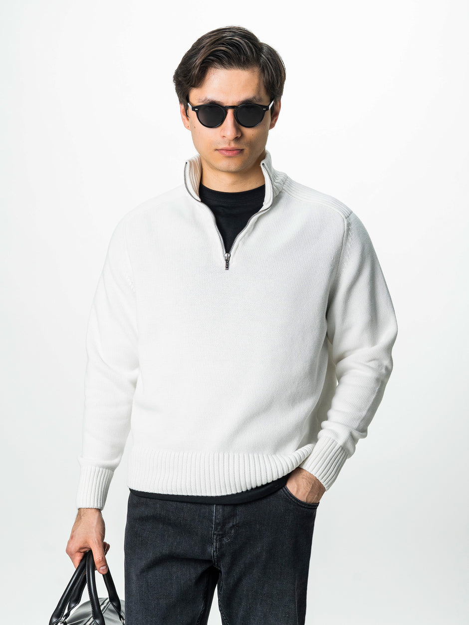 Pulover Barbati Alb Off White Oversize 100% Bumbac Cu Fermoar BMan0037 (5)