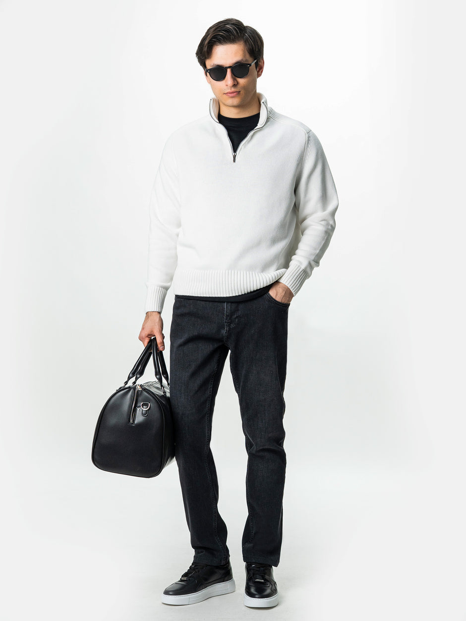 Pulover Barbati Alb Off White Oversize 100% Bumbac Cu Fermoar BMan0037 (1)