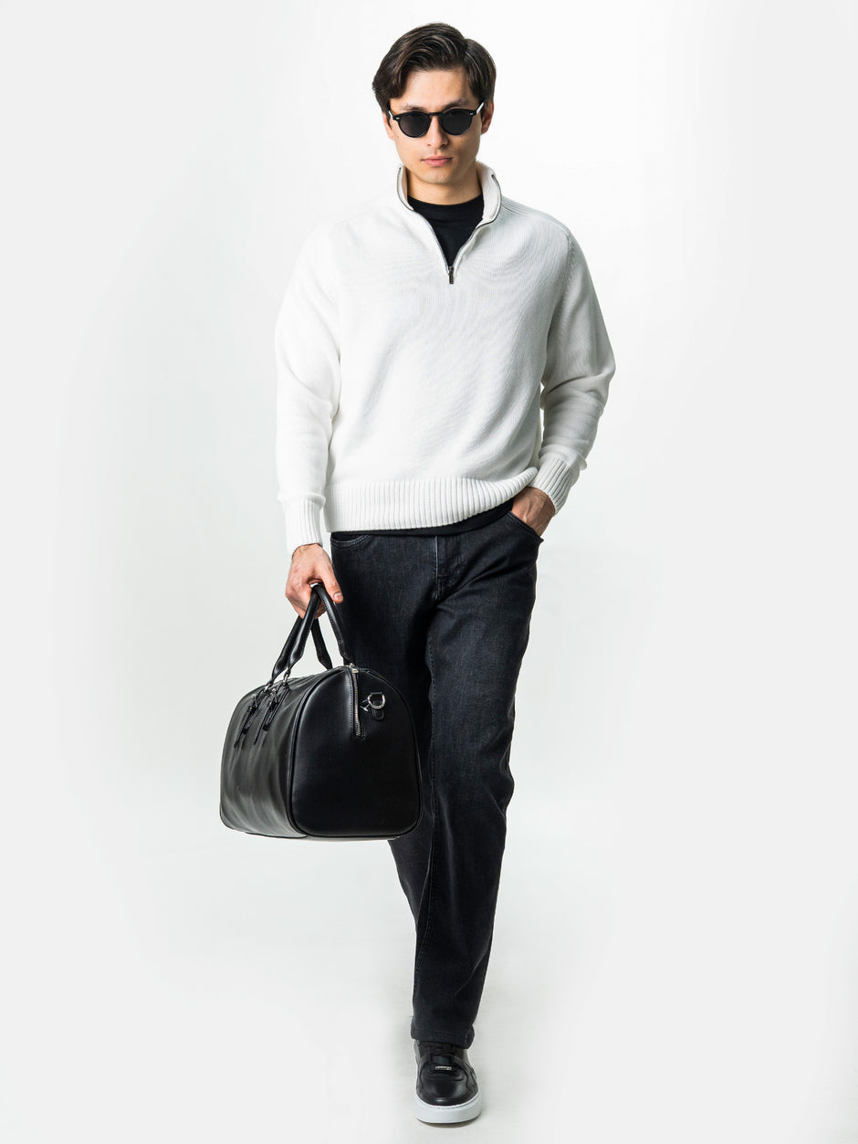 Pulover Barbati Alb Off White Oversize 100% Bumbac Cu Fermoar BMan0037 (4)