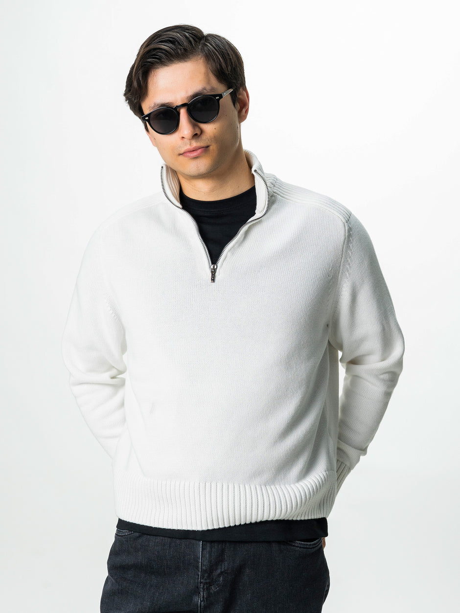 Pulover Barbati Alb Off White Oversize 100% Bumbac Cu Fermoar BMan0037 (2)