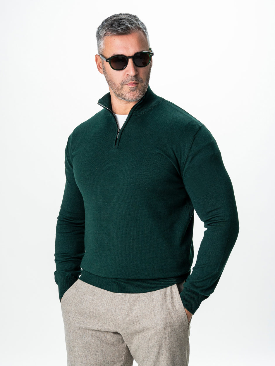 Pulover Cu Fermoar Office & Smart Casual Barbati Verde Brad 100% Bumbac Levent Cottone Toamna&Iarna BMan0001 (1)