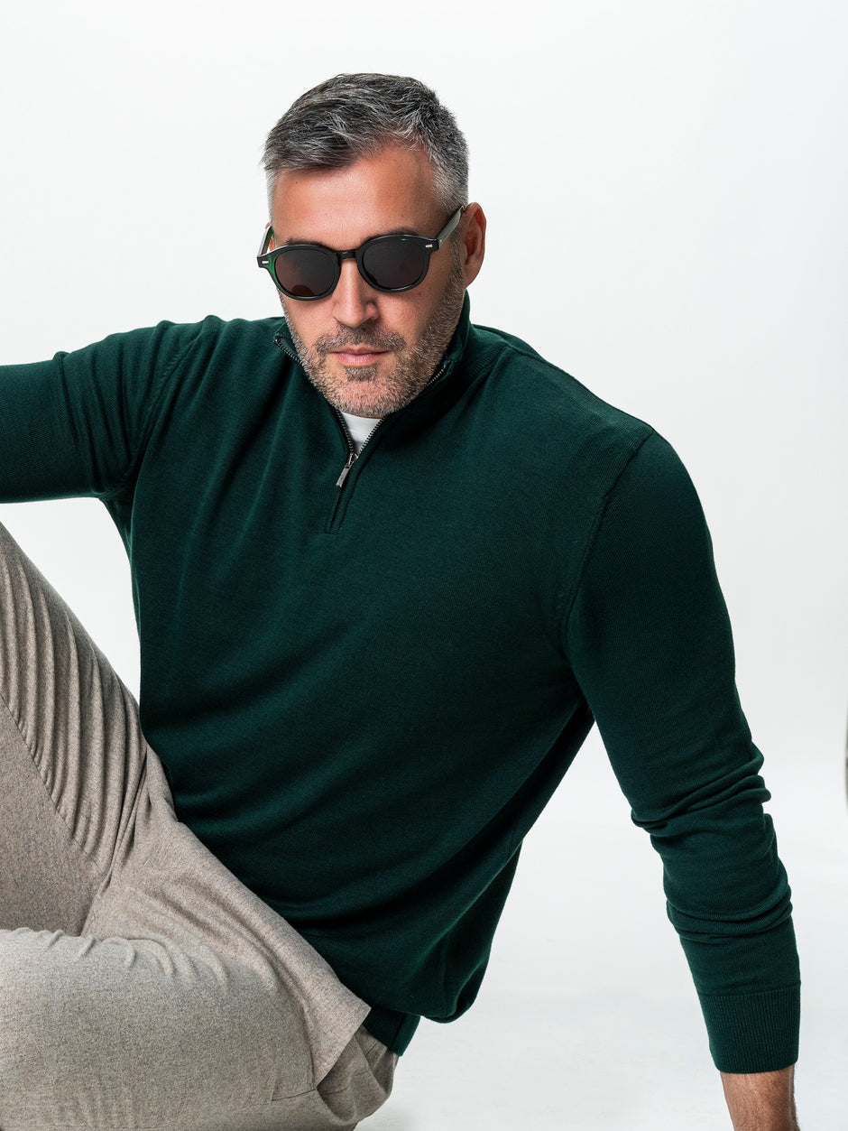 Pulover Cu Fermoar Office & Smart Casual Barbati Verde Brad 100% Bumbac Levent Cottone Toamna&Iarna BMan0001 (5)