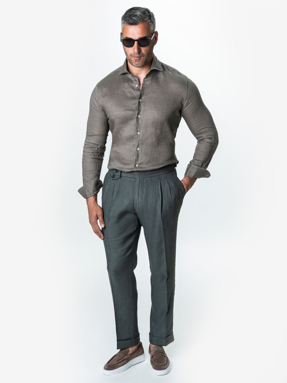 Pantaloni Verde Maslin Cu Pense Barbati Gurkha In Natural Vitale Barberis BMan0013 (2)