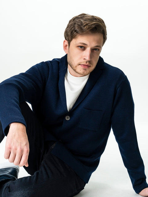 Pulover Barbati Bleumarin Lana Merinos Cu Nasturi Tip Jacheta BMan0023