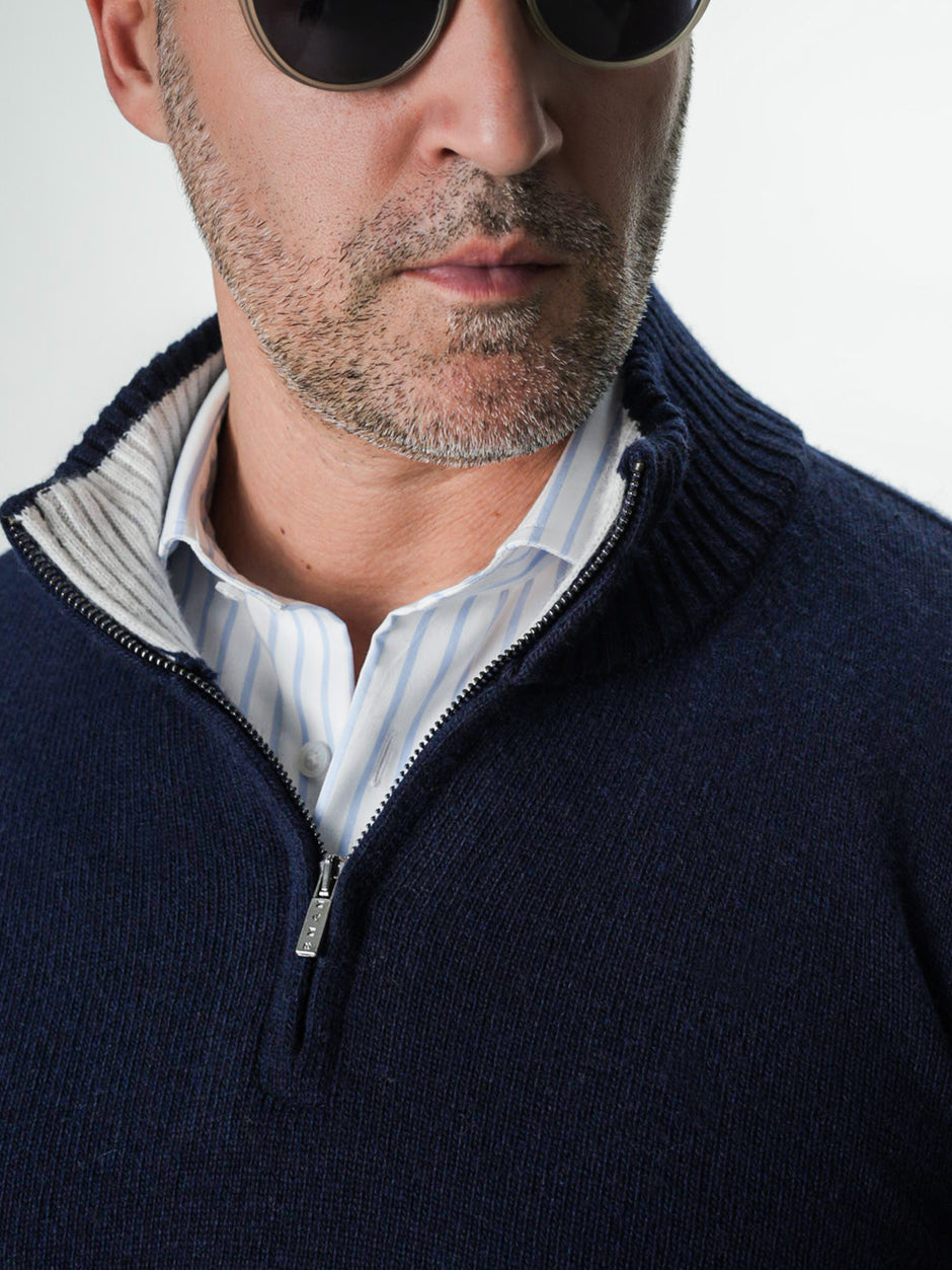 Pulover Bleumarin Barbati 100% Lana Lambswool Cu Fermoar BMan0027 (7)